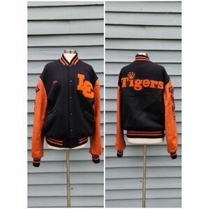 Meca Varsity Jacket Black Orange Leather Wool Tigers Letterman Patches L